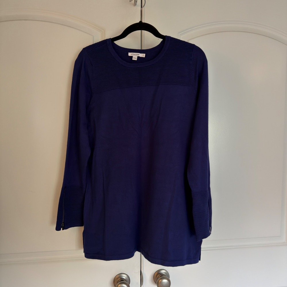 Chicos Purple Ribbed Yoke Zipper Cuff Long Sleeve Tunic Sweater Size 1 M